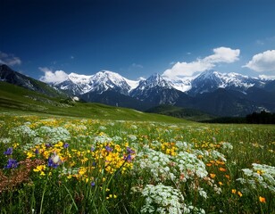 wildflower-covered meadow with distant snow-capped 