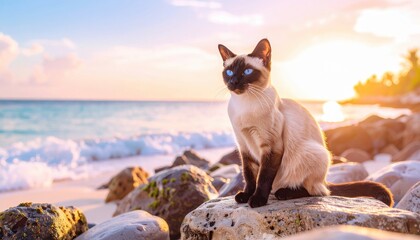 Beautiful cat enjoying a sunset near the ocean while sitting on rocks at the beach