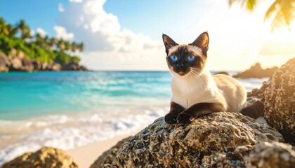 Siamese cat rests on rocky beach during sunset near calm ocean waves and lush tropical scenery