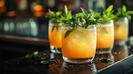 Delicious and refreshing cocktail garnished with fresh mint served in a bar setting.