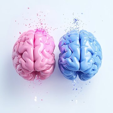 Two brains, pink and blue, exploding