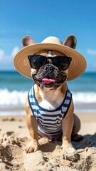 Dog in sunglasses and straw hat enjoys a sunny day on the beach with ocean waves in the background