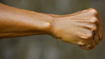 A close-up of a clenched fist symbolizing determination and strength, showcasing the details of skin texture and the power of human expression.