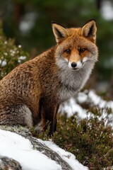 Naklejka premium Wild fox sitting on a rocky surface in a snowy landscape