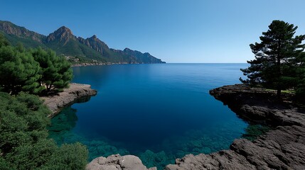 Obraz premium Serene Coastal Lagoon with Corsica, and Mediterranean Sea.