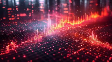 Fototapeta premium Abstract digital cityscape with glowing data streams.