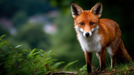 Fototapeta premium Wild fox standing elegantly in a lush green forest setting