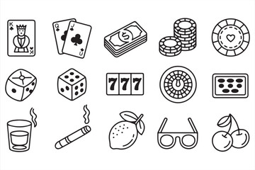 Set of Casino Themed Icons for Gambling with Cards, Dice, and Money