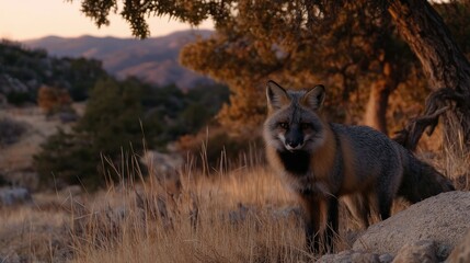 Naklejka premium Wild fox in golden light during sunset in mountainous landscape