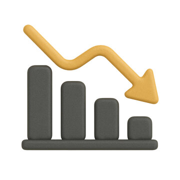 3D chart icon showing downward trend with yellow arrow. Concept of loss, decline, or economic decrease in modern visual style