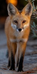 Fototapeta premium Fox stands alert in twilight near bushes at sunset