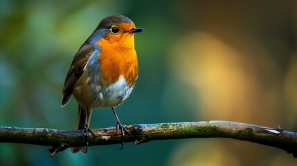 Fototapeta premium Vibrant European Robin Perched on Branch displaying its colorful plumage
