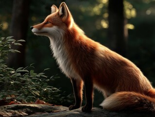 Fox observes its surroundings in a forest setting