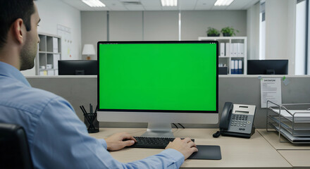 Man working at desk with green screen computer monitor.
