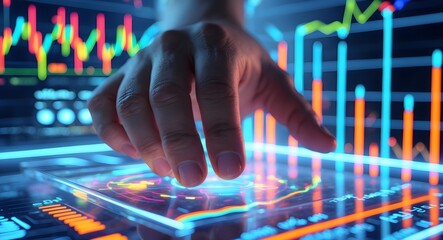 Analyzing glowing futuristic data human hand interacts with digital financial interface, ideal for FinTech concepts and business presentations
