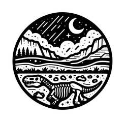 Layer of Earth with Fossil Bones Archaeological Excavations Dinosaur Fossils Robotic Icon Logo Black Color Vector White Background