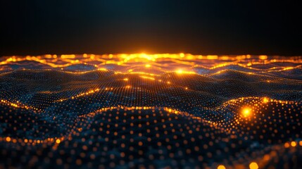Abstract digital waves, glowing particles, dark background, futuristic technology