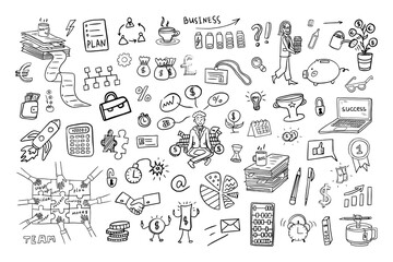 Set of business elements. Vector illustration of happy business people, success, start-up, team, good idea. Great for banner, posters, cards, stickers and professional design. Hand drawn