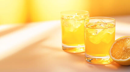Two refreshing glasses of orange drink with ice, bright and inviting for summer occasions.