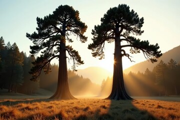 Fototapeta premium Majestic Pair of Conifers Silhouetted Against a Golden Sunrise in a Serene Meadow