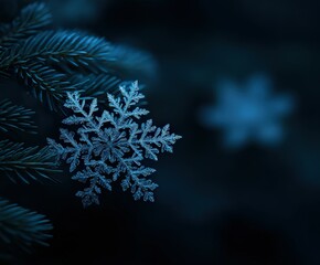 Snowflake resting on evergreen branch in winter night