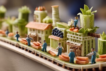 Miniature figures in blue outfits work on a conveyor belt of vegetables, forming a whimsical cityscape with buildings made of fruits and vegetables on a narrow wooden base
