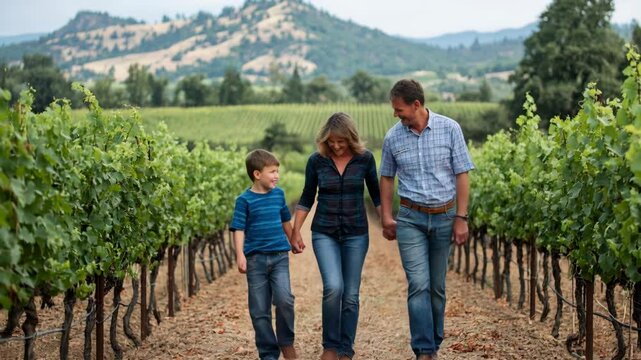Smiling family walking through vineyard rows with scenic hills in the background.