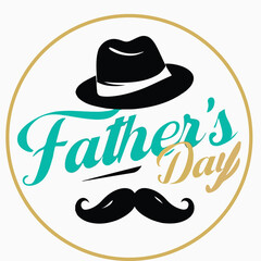 Father's Day logo, vintage style, black fedora hat, curled mustache, teal and gold text, circular design, white background, minimalist, retro aesthetic, gentleman's accessories, holiday emblem.