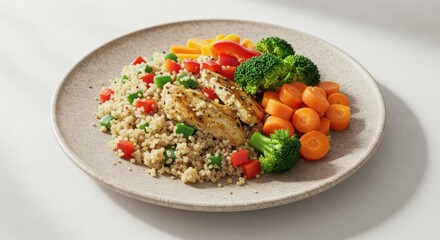 Healthy vegetarian meal with quinoa, vegetables, and chickpeas