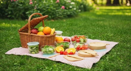 Outdoor picnic with fresh fruits and drinks on a blanket in the grass