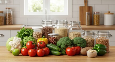 Fresh vegetables on a wooden kitchen counter with natural sunlight