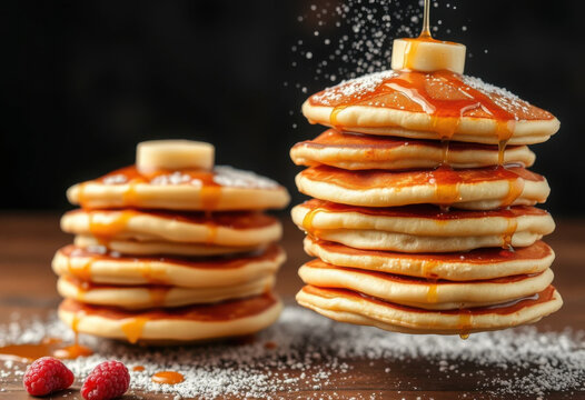 Panqueques esponjosos apilados en el aire, rociados con alm&iacute;bar y espolvoreados con az&uacute;car en polvo