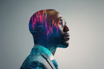 Profile of a man in glasses overlaid with vibrant stock market graphs. He wears a suit. The image blends elements of business and technology, creating a futuristic financial concept