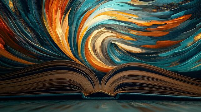 Open book unleashing a vibrant swirl of imagination and colorful knowledge