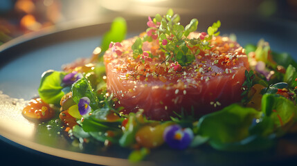 A meticulously arranged mound of raw salmon tartare, sprinkled with sesame seeds and topped with microgreens and edible flowers, sits on a dark plate with sauce and herbs.