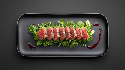 Thin slices of seared tuna tataki, sprinkled with black pepper, are arranged on a bed of greens with a drizzle of dark sauce on a rectangular black plate.
