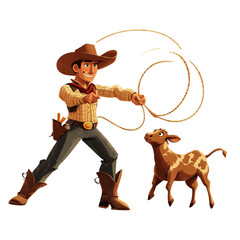 Cartoon Cowboy Lassoing a Calf Isolated on Transparent Background