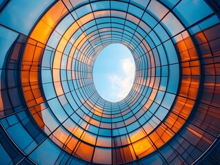 Naklejka premium Vibrant angular glass building under a clear blue sky