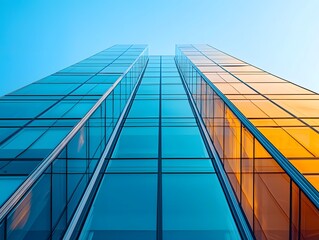 Sleek modern glass building under a clear blue sky