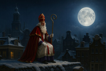 Fototapeta premium Heilige Nikolaus, Sinterklaas, Saint Nicholas, on roof, moon lit