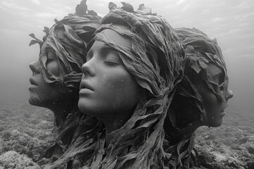 Monochrome view of sculptures with closed eyes under the sea, covered in seaweed