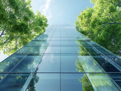 Fototapeta A futuristic eco friendly glass building surrounded by solar trees under a clear sky