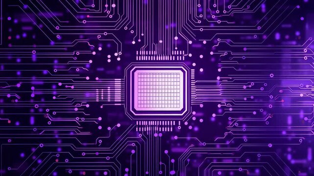Abstract electronic circuit design with purple glow and glowing elements in the background.