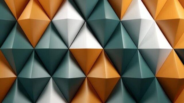 Abstract geometric pattern with triangular shapes in green, orange, and white hues.
