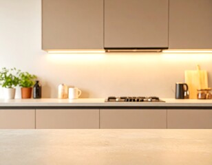 Modern beige kitchen countertop with cabinets, appliances, and plants.