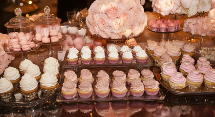Elegant dessert display featuring a variety of cupcakes and macarons with pastel shades