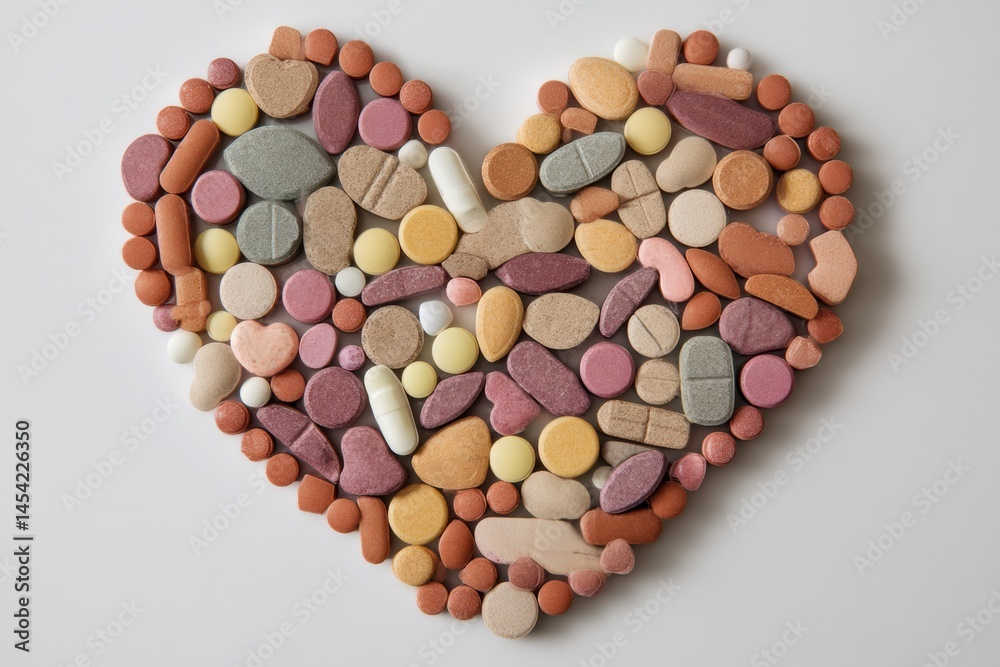 Poster Tablets Arranged Creatively to Form a Silhouette of a Human Heart in Various Shapes and Colors Generative AI