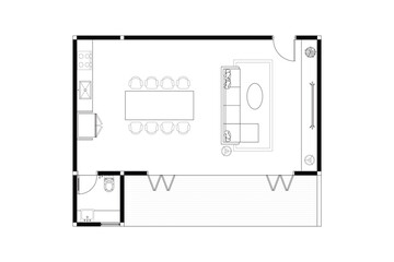 Open Plan Living Space Floor Plan with Kitchen, Dining, and Living Areas. 1