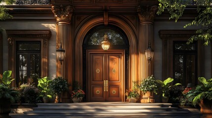 A stately home's entrance with a grand wooden door and elegant architectural details.