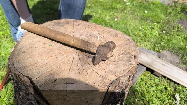 There is a hammer and a nail puller on a wooden block.